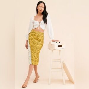 Hutch Anthropologie Satin Splice Slip Skirt Ditsy Floral Yellow Cottagecore 12P